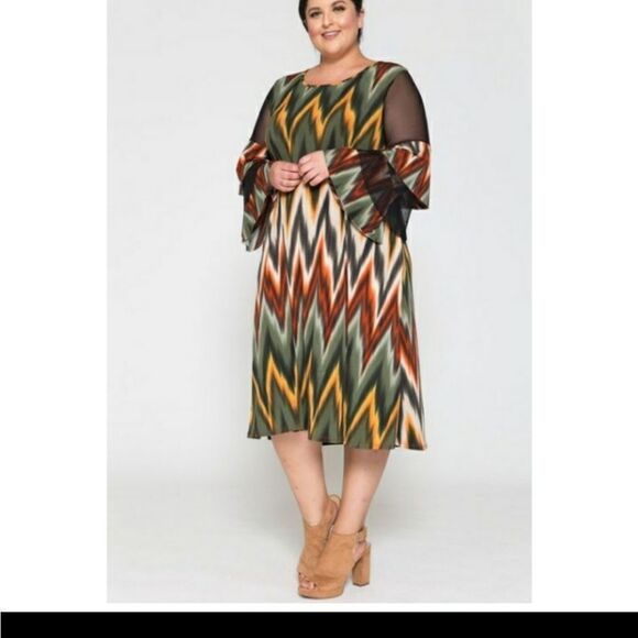 Chevron Print Round Neck Ruffle Sleeve Plus Size Dress Sz 1x2x3x - Picture 5 of 12